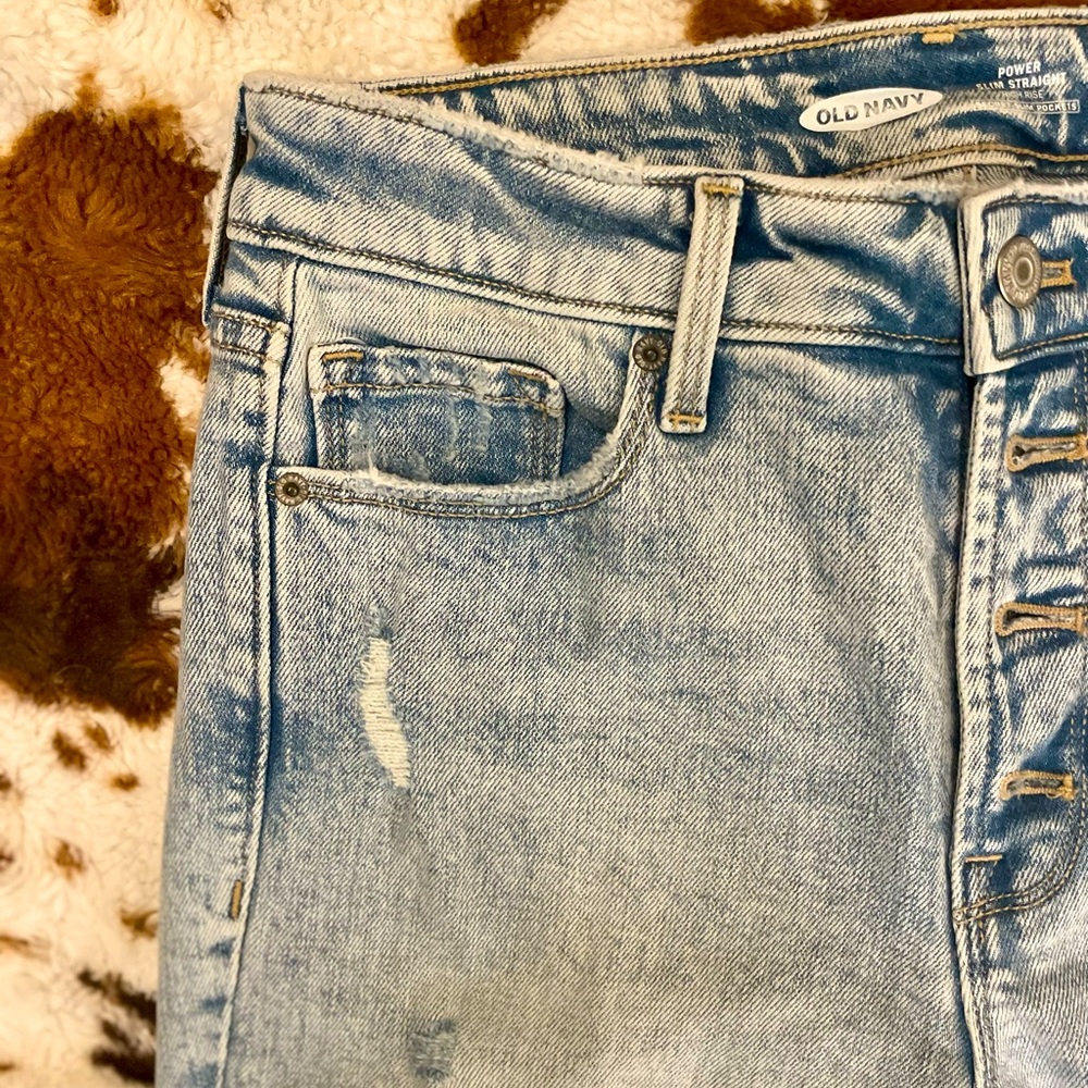 Tall Old Navy Distressed High Rise Power Slim Straight Button Fly Jeans, 6Tall